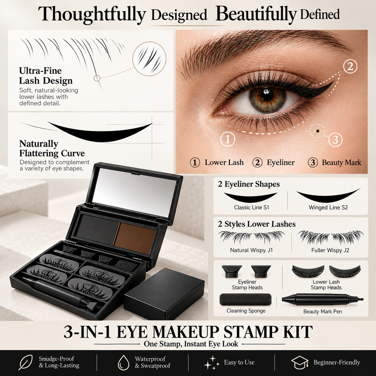 3-in-1 Eye Makeup Stamp Kit – Eyeliner, Lower Lashes & Beauty Mark